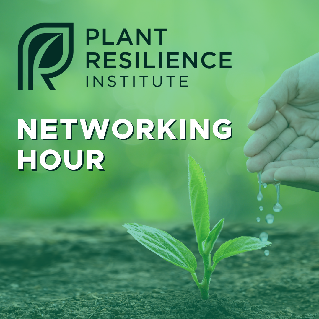 A graphic featuring a background image of hands dripping water onto a green plant seedling growing in soil. The graphic includes the PRI logo and the following text: PRI Networking Hour